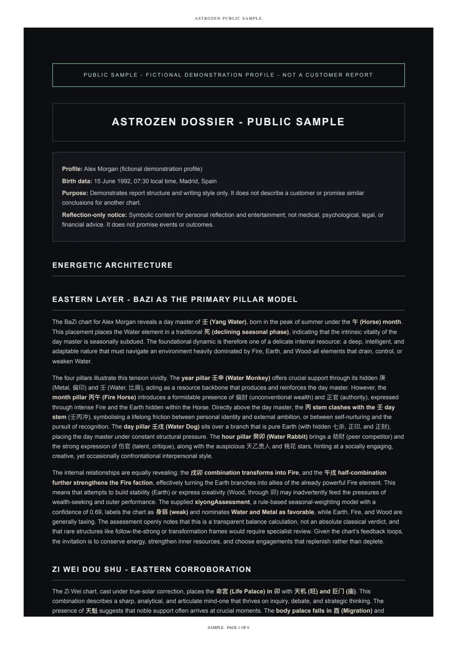 Cover and first analysis page of the AstroZen public sample